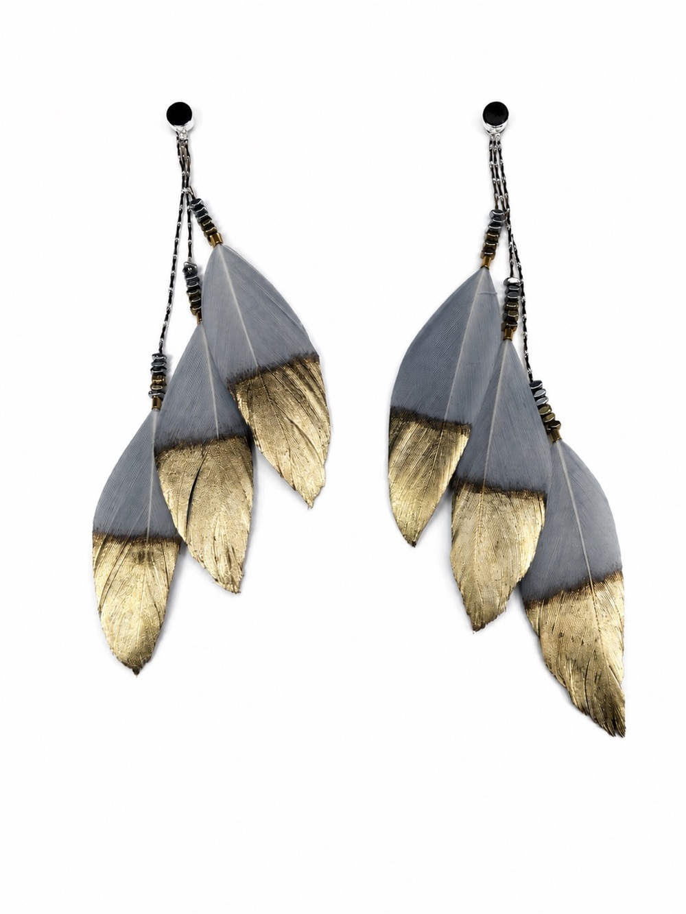 Gray and Gold Feather Drop Earrings - Women Jewelry